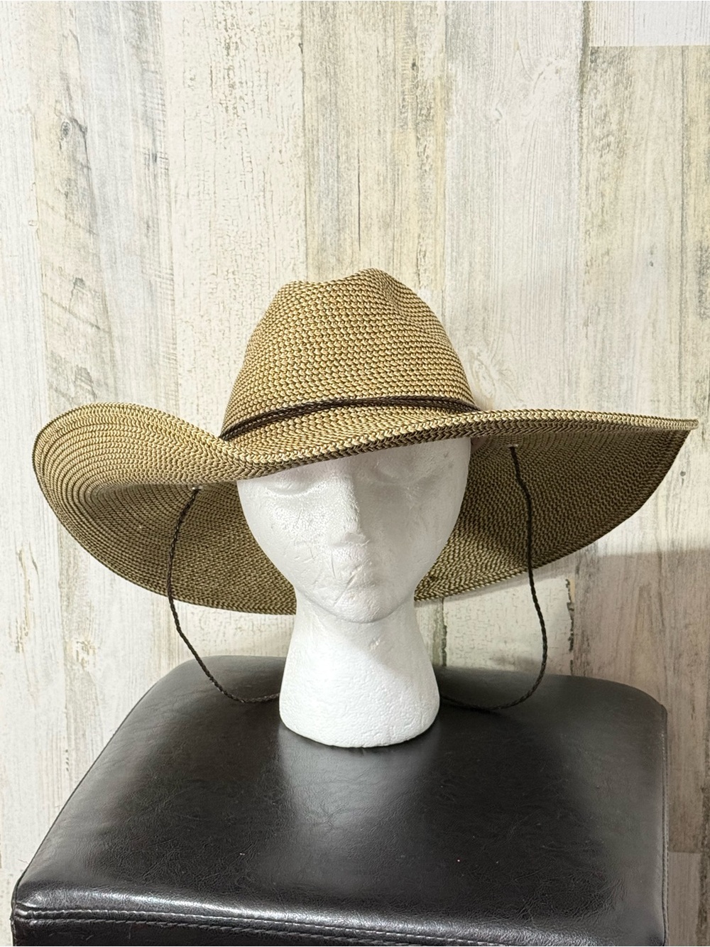 BCBGeneration Tan Straw Sun Hat with Black Chin Cord